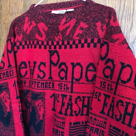 COOL & CAMPY VINTAGE 80’s RETRO NEWSPAPER SWEATER! - Picture 3 of 4